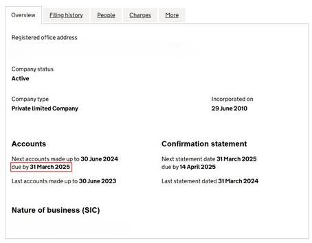 Companies House profile showing filing accounts deadline